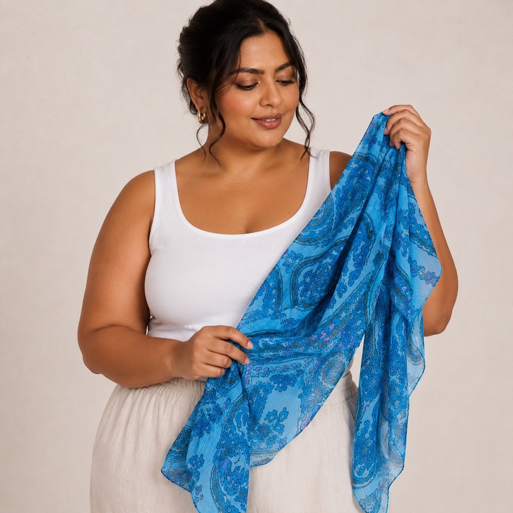Twos Company Paisley Scarf Turquoise Blue Purple Sheer Lightweight Boho Wrap